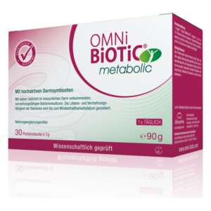 Verpackung von OMNi-BiOTiC metabolic, einem Nahrungsergänzungsmittel mit sieben aktiven Darmsymbionten, 30 Portionen à 3 g.