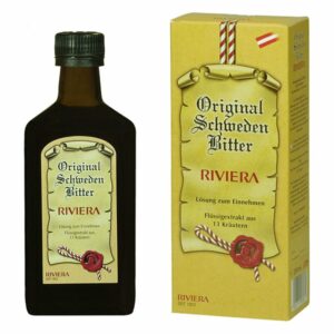 Flasche mit Original Schweden Bitter von Riviera, verpackt in einer gelben Box mit Zutatene Informationen.