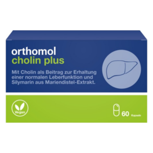 Verpackung von orthomol cholin plus, einem veganen Nahrungsergänzungsmittel für die Leberfunktion mit Kapseln.