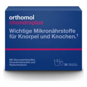 Blaues Paket mit der Aufschrift 'orthomol chondroplus', betont wichtige Mikronährstoffe für Knorpel und Knochen.