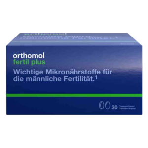 Verpackung von orthomol fertil plus, die wichtige Mikronährstoffe für die männliche Fertilität enthält.