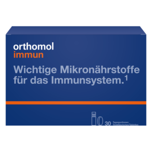 Verpackung von orthomol immun, betont wichtige Mikronährstoffe für das Immunsystem, blau mit orangefarbenem Akzent.