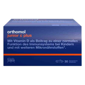 Verpackung von Orthomol Junior C Plus mit orangefarbener Schrift und Angaben zu Vitamin D für Kinder.