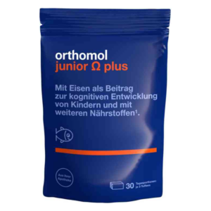 Verpackung von Orthomol junior Ω plus, nährstoffreiche Ergänzung für die kognitive Entwicklung von Kindern.