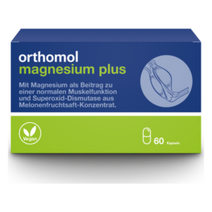 Verpackung von orthomol magnesium plus, 60 Kapseln, mit Angaben zu Magnesium für Muskelfunktion und veganem Symbol.