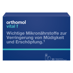 Verpackung von orthomol vital f mit Informationen zu Mikronährstoffen gegen Müdigkeit, in blauer Box.
