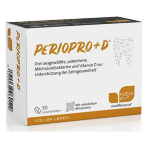 Verpackung von PerioPro+D mit Lutschtabletten zur Unterstützung der Zahngesundheit, enthält Milchsäurebakterien und Vitamin D.