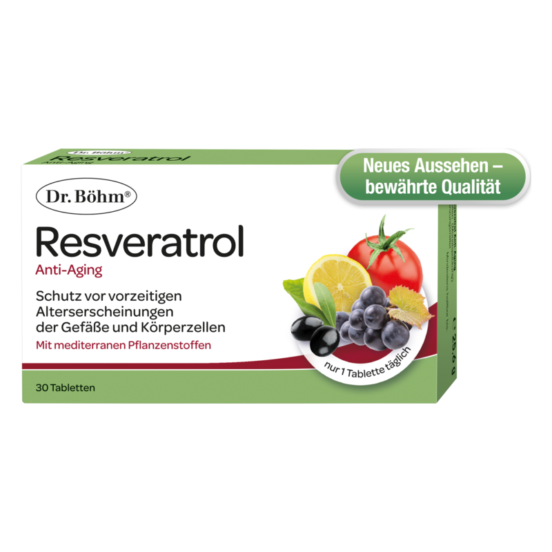 Verpackung von Dr. Böhm Resveratrol, enthält 30 Anti-Aging-Tabletten mit pflanzlichen Inhaltsstoffen und Früchten.