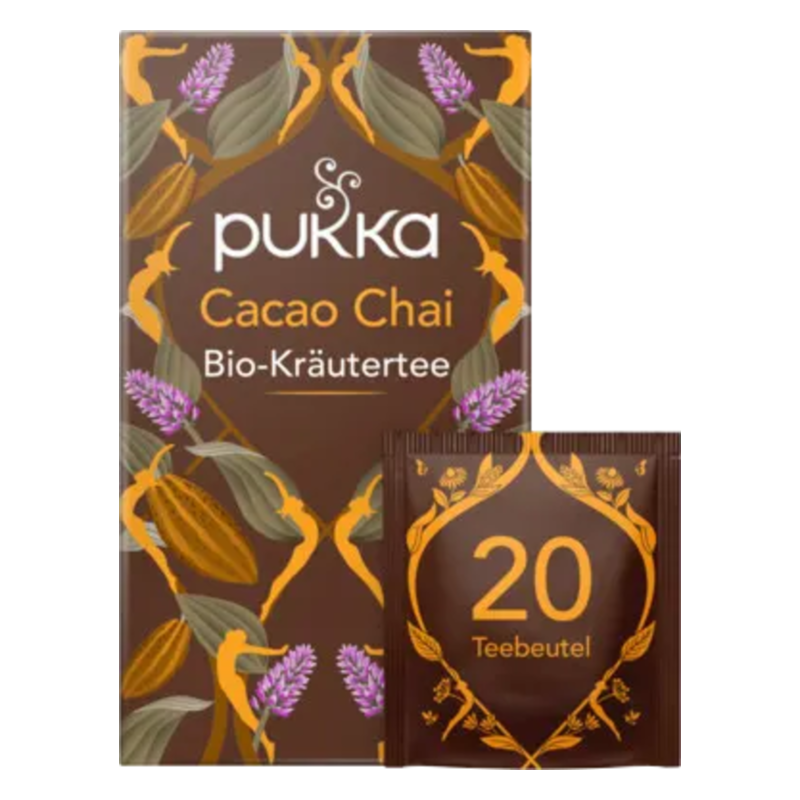 Verpackung von Pukka Cacao Chai Bio-Kräutertee mit bunten Pflanzenmotiven und einem Teebeutel in der Ecke.