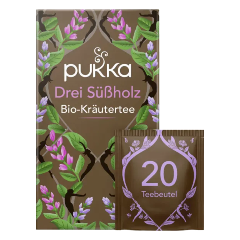 Verpackung von Pukka Drei Süßholz Bio-Kräutertee mit floralem Design und Teebeuteln.