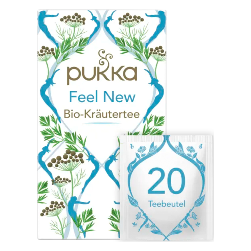 Verpackung von Pukka Feel New Bio-Kräutertee mit einem Teebeutel, verziert mit Pflanzenmotiven.