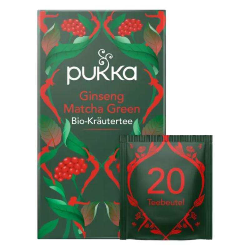 Verpackung von Pukka Ginseng Matcha Green Bio-Kräutertee mit 20 Teebeuteln, umgeben von grünen Blättern und roten Beeren.