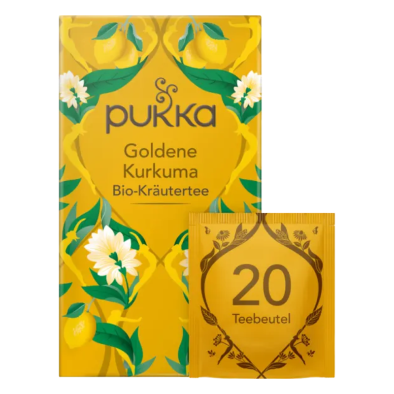 Packung mit goldenen Kurkuma Bio-Kräutertee, verziert mit Blumen und einem Teebeutel mit der Aufschrift "20 Teebeutel".