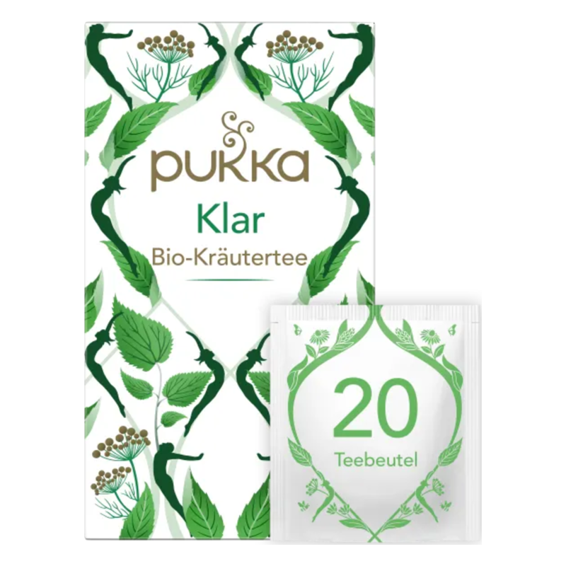 Packung Pukka Klar Bio-Kräutertee mit grüner Blattillustration und Teebeutelnummer 20.