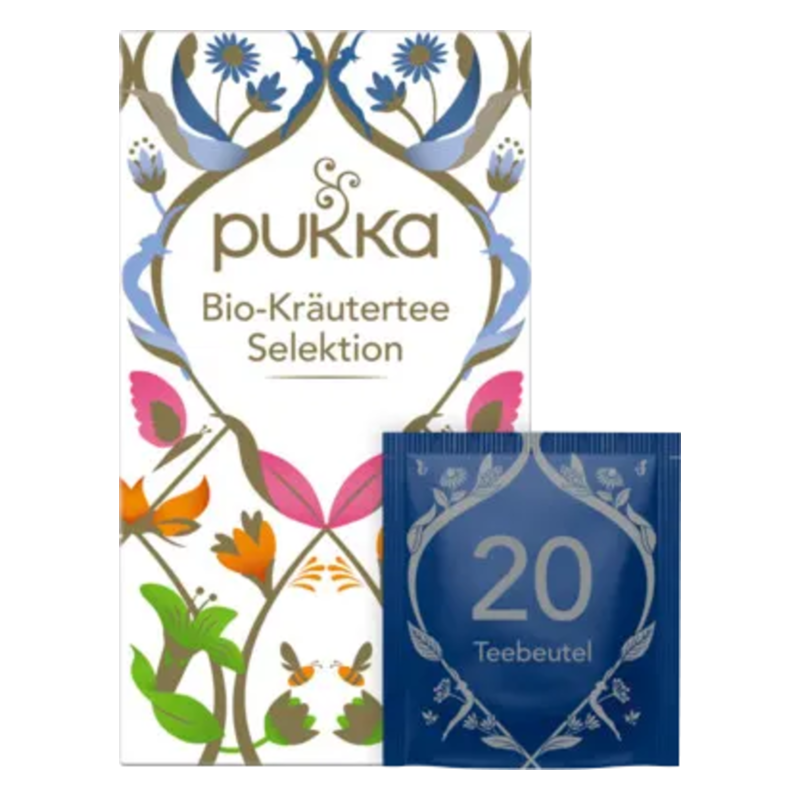 Verpackung von Pukka Bio-Kräutertee Selektion mit buntem floralem Design und einem Teebeutel mit der Zahl 20.