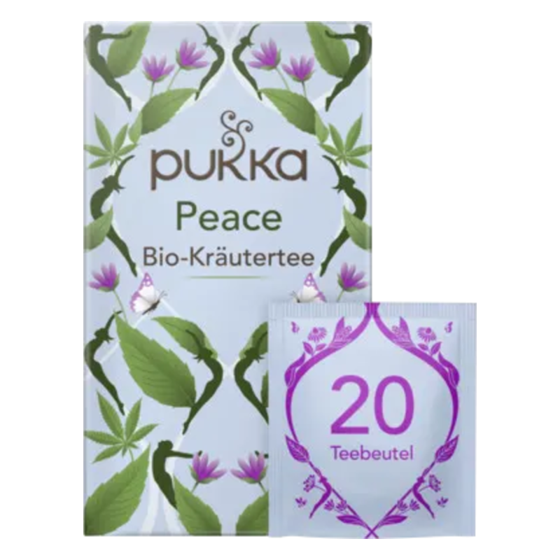 Packung mit Pukka Peace Bio-Kräutertee, verziert mit Pflanzenmotiven und einem Teebeutel mit 20 Stück.