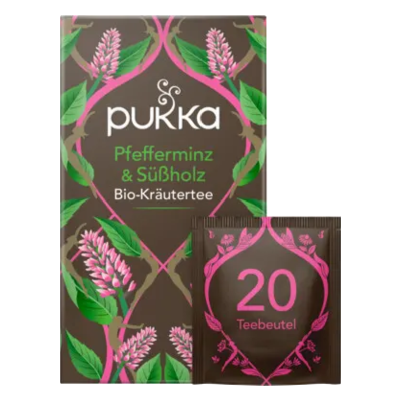 Verpackung von Pukka Bio-Kräutertee mit dem Geschmack Pfefferminze & Süßholz, abgebildet mit einem Teebeutel.