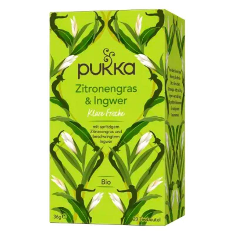 Verpackung von Pukka Zitronengras & Ingwer Tee in grünem Design mit Pflanzenmotiven.