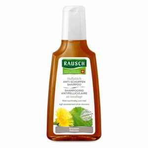 Flasche Rausch Huflattich Anti-Schuppen Shampoo mit Pumpverschluss, brauner Flüssigkeit, Herstellerlogo und Inhaltsinformationen.