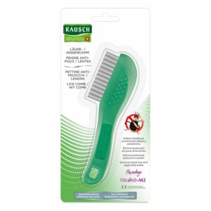 Grüner Läusekamm in Verpackung, entfernt Kopflaus und Nissen, mit Hinweis auf die Anwendung.
