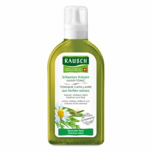 Flasche mit Haar-Tonic von Rausch, grün mit einer weißen Blume und Beschreibung zur Anwendung für gesunde Haare.