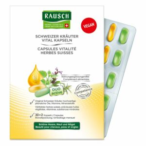 Verpackung von RAUSCH Schweizer Kräuter Vital Kapseln mit pflanzlichen Inhaltsstoffen und zwei Kapselvarianten in einer Blisterpackung.