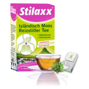 Packung mit Stilaxx Reizstillendem Tee, Glastasse mit Tee und frischen Kräutern, beruht auf isländischem Moos.