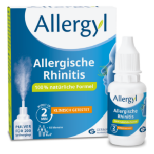 Verpackung von Allergyl zur Behandlung allergischer Rhinitis mit einem Fläschchen und einer Anleitung