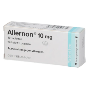 Weißer Karton mit blauer und schwarzer Schrift, enthält 10 Tabletten mit Loratadin, Antiallergikum.