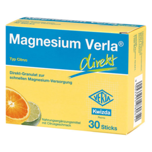 Verpackung von Magnesium Verla Direktgranulat mit Citrusgeschmack, Info über schnelle Magnesium-Versorgung.