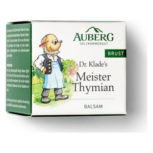 Verpackung von Dr. Klade's Meister Thymian Balsam mit einer illustrativen Zeichnung einer Figur in Tracht.