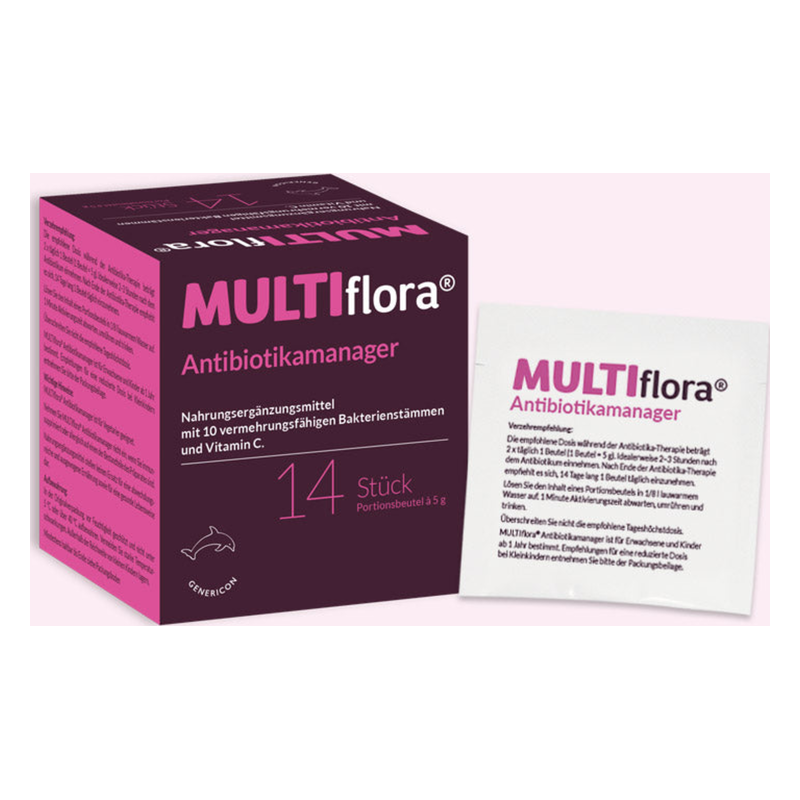 Verpackung des Produkts MULTIf flora Antibiotikamanager, enthält Portionsbeutel mit probiotischen Bakterienstämmen und Vitamin C.