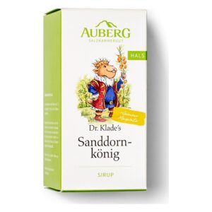 Verpackung von Dr. Klade's Sanddornkönig Sirup mit einem illustrierten König und einem Sanddornzweig.