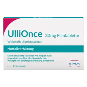 Packung UlliOnce, enthält 30 mg Ulipristalacetat, für Notfallverhütung, mit Informationen zur Anwendung.