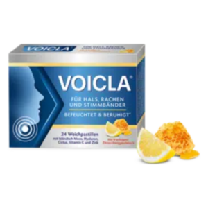 Verpackung von VOICLA Weichpastillen für Hals, Rachen und Stimmfelder, mit Zitrusgeschmack und sichtbaren Zitrusfrüchten.