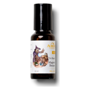 Braune Flasche mit schwarzem Roll-On-Deckel, Etikett mit magischem Motiv und der Aufschrift "Dr. Klädes Magie der Benzoe".