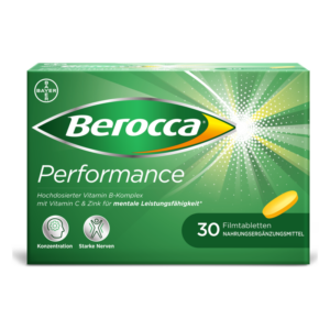 Berocca Performance, Verpackung mit 30 Filmtabletten, betont Vitamine B, C und Zink für mentale Leistungsfähigkeit.