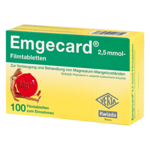 Verpackung von Emgecard Filmtabletten zur Behandlung von Magnesium-Mangelzuständen mit Wirkstoffangabe.