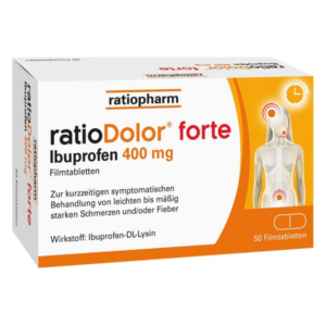 Verpackung von ratioDolor forte mit 400 mg Ibuprofen, zur Linderung von Schmerzen und Fieber.