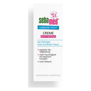 Verpackung einer mattierenden Creme von Sebamed für unreine Haut, betont die Regulierung der Talgbildung.