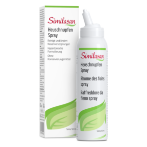 Bilder einer Verpackung und einer Sprühflasche mit Heuschnupfen-Spray von Similasan, 50 ml ohne Konservierungsmittel.
