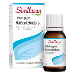 Packung und Flasche von Similasan Globuli gegen Halsentzündung, mit blauer Dekoration und klarer Beschriftung.