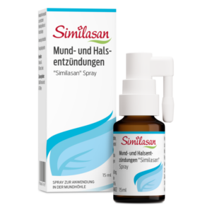 Braunes Fläschchen mit Sprühkopf und Verpackung für Similasan Mund- und Halsspray, 15 ml.