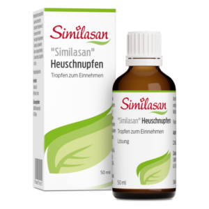 Packung und Flasche von Similasan Heuschnupfen Tropfen, 50 ml, für die Einnahme, mit grünem Blattdesign.