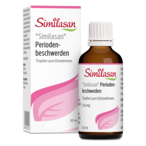 Flasche mit Similasan Tropfen für Periodenbeschwerden, neben Kartonverpackung mit pinkem Design und 50 ml Inhalt.