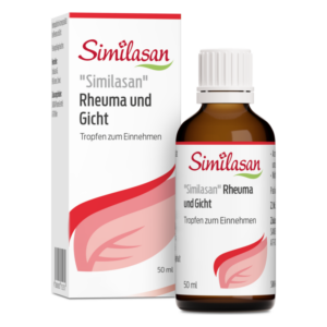 Braune Glasflasche mit Schraubverschluss und weißem Etikett für Tropfen gegen Rheuma und Gicht, verpackt in einer weißen Box.