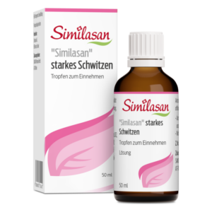Flasche mit Similasan Tropfen für starkes Schwitzen und Verpackung in pink-weißer Gestaltung.