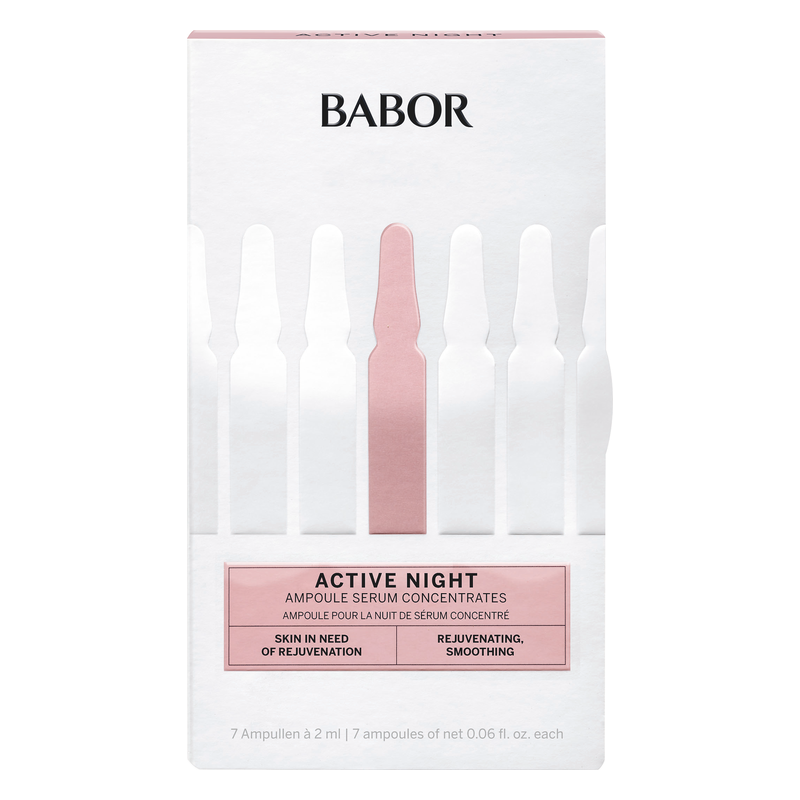 Verpackung von BABOR Active Night Ampullen mit sieben nährenden Serums zur Hautverjüngung und -glättung.