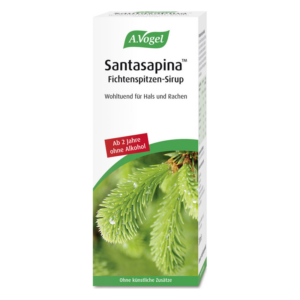 Kartonverpackung von A.Vogel Santasapina Fichtenspitzen-Sirup mit grünen Fichtennadeln auf der Vorderseite.