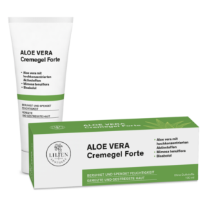 Tube und Schachtel des ALOE VERA Creme-Gels Forte, feuchtigkeitsspendend für gereizte Haut.